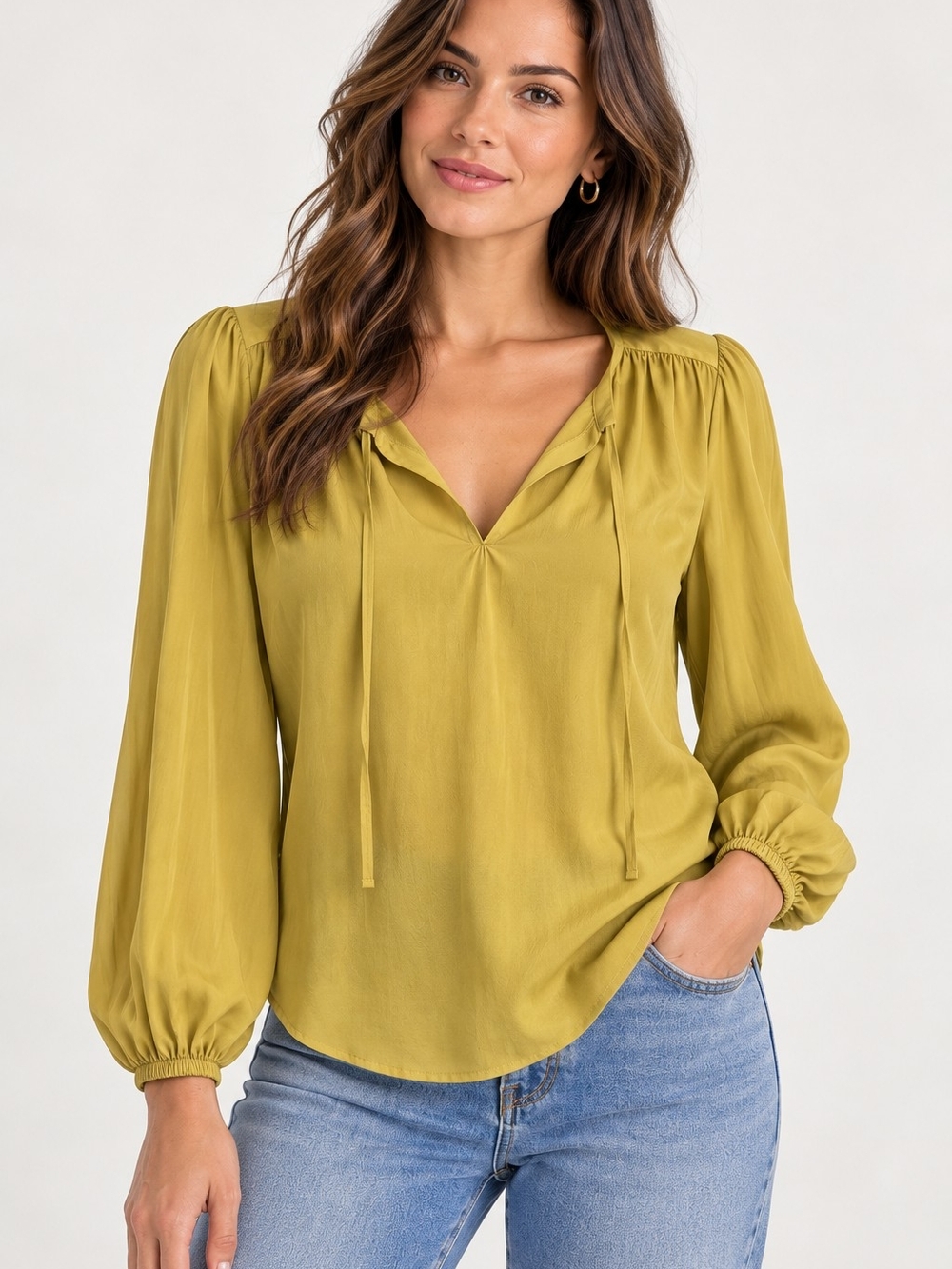Banana Republic Mustard Gold Tie Neck Blouse Size S Long Sleeve Silky